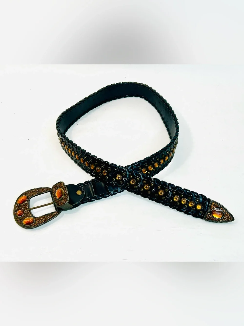 Western Rhinestone Whipstitch Belt with Orange Stones and Black Faux Leather